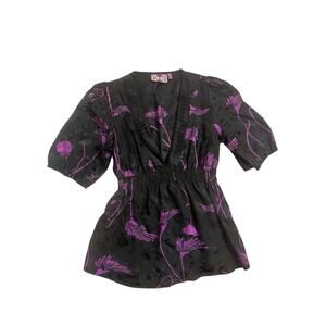 Women XS Yumi Kim Black Purple Floral Print 100% Silk Blouse Shirt Top Plunge